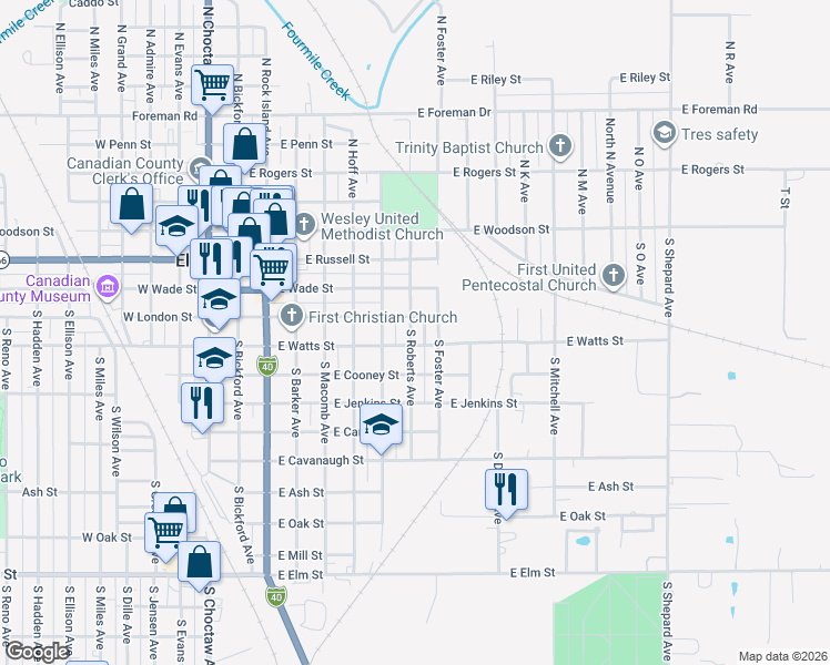 map of restaurants, bars, coffee shops, grocery stores, and more near 401 South Roberts Avenue in El Reno