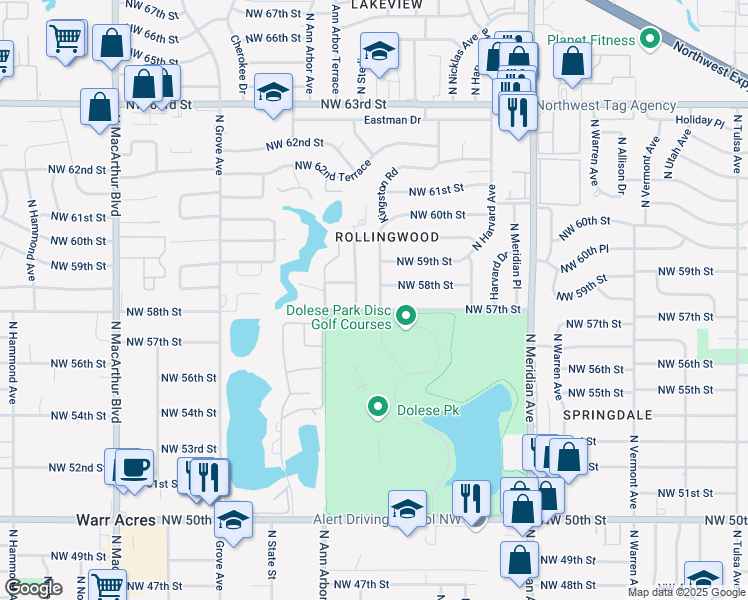 map of restaurants, bars, coffee shops, grocery stores, and more near 5813 Kingston Road in Oklahoma City