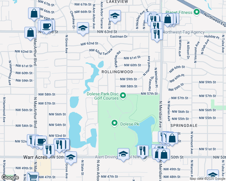 map of restaurants, bars, coffee shops, grocery stores, and more near 5813 Kingston Road in Oklahoma City