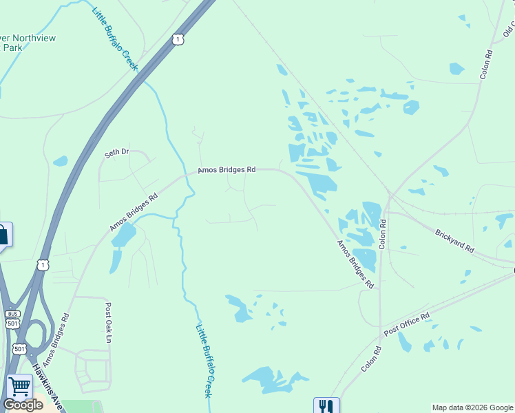 map of restaurants, bars, coffee shops, grocery stores, and more near 532 Amos Bridges Road in Sanford