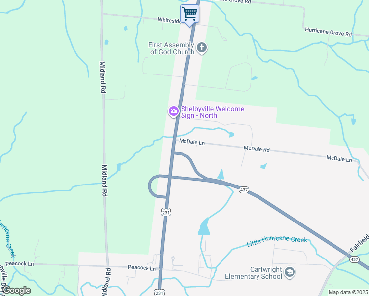 map of restaurants, bars, coffee shops, grocery stores, and more near 104 McDale Road in Shelbyville