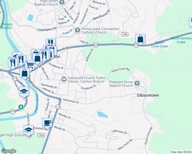 map of restaurants, bars, coffee shops, grocery stores, and more near 77 Spring Street in Canton