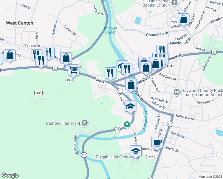 map of restaurants, bars, coffee shops, grocery stores, and more near 131 Park Street in Canton