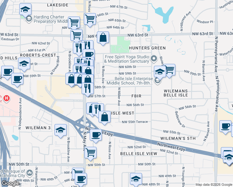map of restaurants, bars, coffee shops, grocery stores, and more near 2708 Northwest 58th Street in Oklahoma City