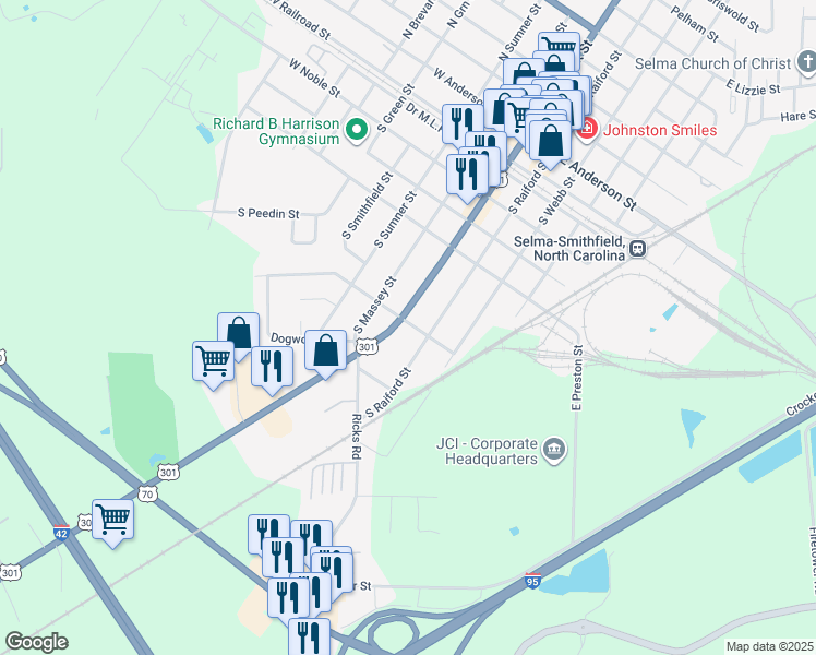 map of restaurants, bars, coffee shops, grocery stores, and more near 801 South Pollock Street in Selma