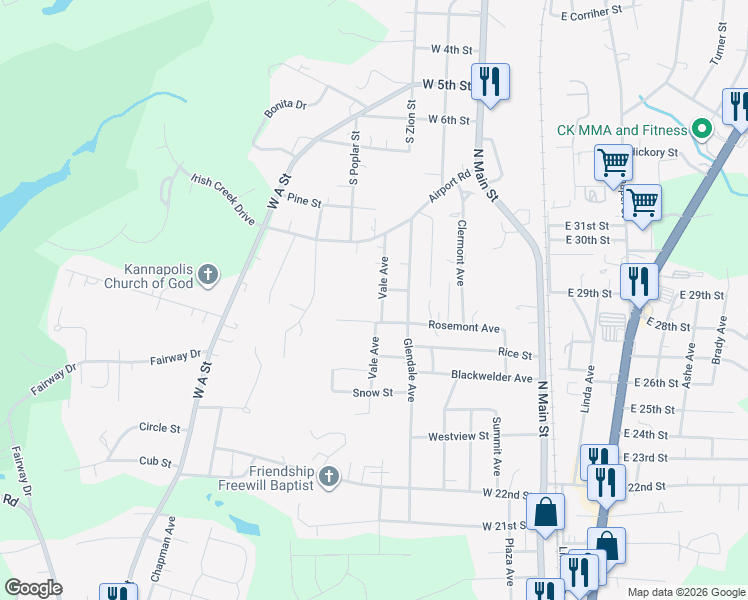 map of restaurants, bars, coffee shops, grocery stores, and more near 2901 Vale Avenue in Kannapolis
