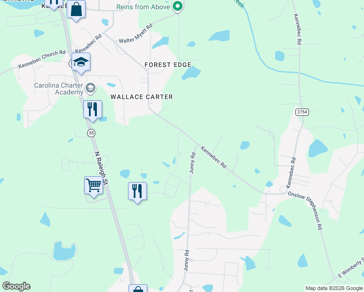 map of restaurants, bars, coffee shops, grocery stores, and more near 9821-9861 Kennebec Road in Wake County
