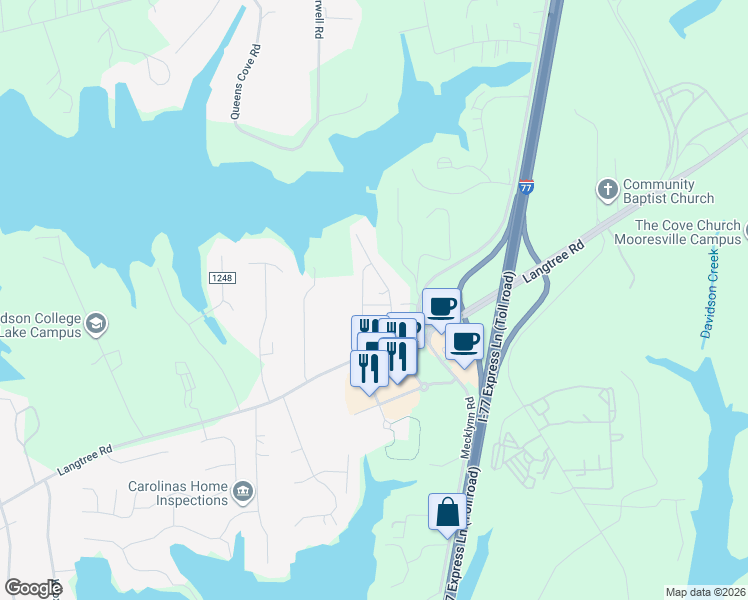 map of restaurants, bars, coffee shops, grocery stores, and more near 138 Lanyard Drive in Mooresville