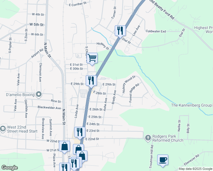map of restaurants, bars, coffee shops, grocery stores, and more near 2804 Alexander Avenue in Kannapolis