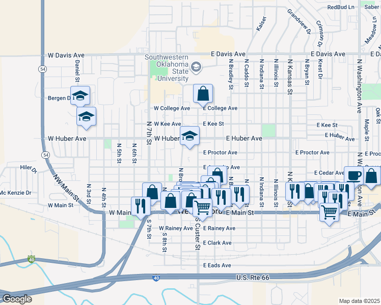 map of restaurants, bars, coffee shops, grocery stores, and more near 509 Custer Street in Weatherford