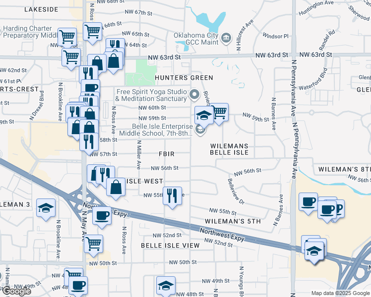 map of restaurants, bars, coffee shops, grocery stores, and more near 2512 Northwest 58th Street in Oklahoma City