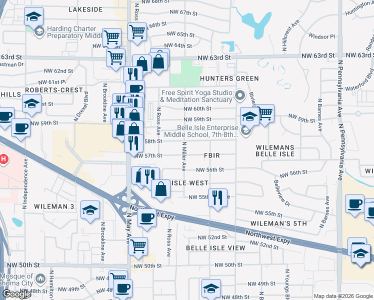 map of restaurants, bars, coffee shops, grocery stores, and more near 2628 Northwest 58th Street in Oklahoma City