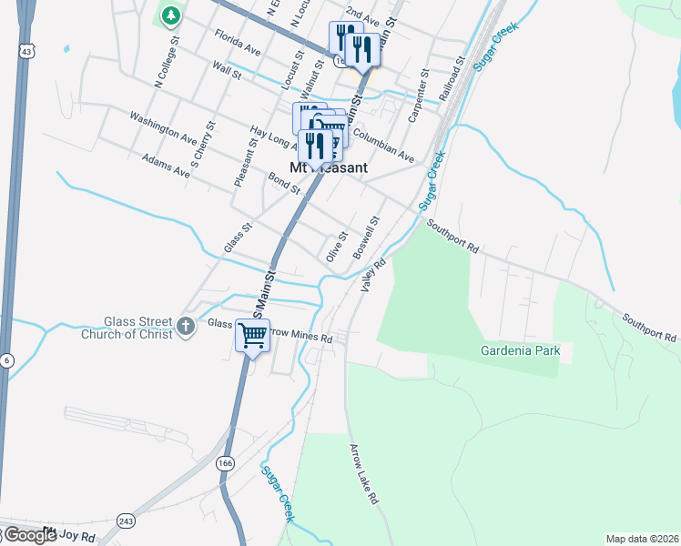 map of restaurants, bars, coffee shops, grocery stores, and more near 221 Olive Street in Mount Pleasant
