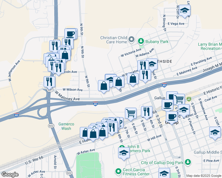 map of restaurants, bars, coffee shops, grocery stores, and more near 700 West Wilson Avenue in Gallup