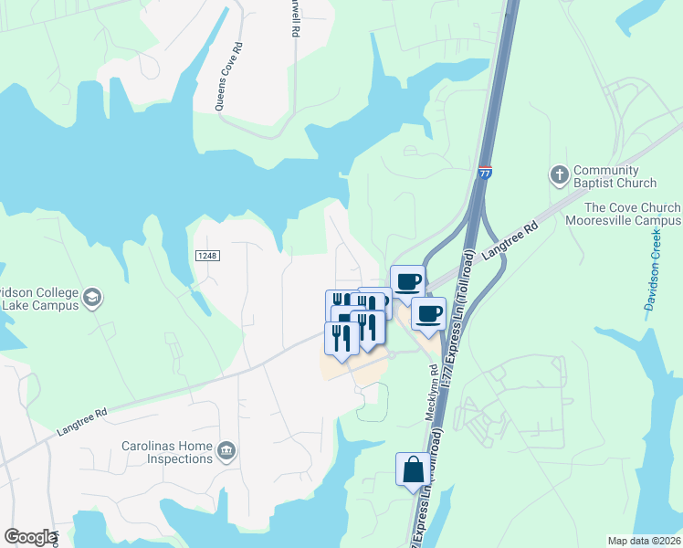map of restaurants, bars, coffee shops, grocery stores, and more near 138 Lanyard Drive in Mooresville
