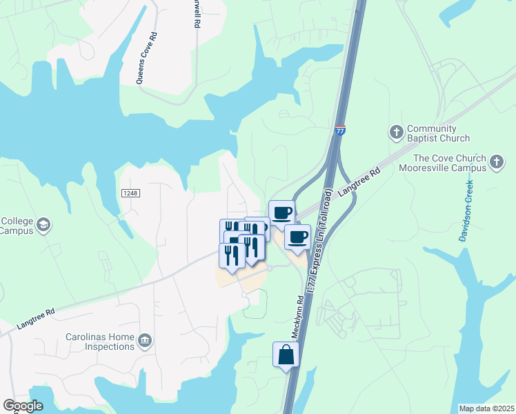 map of restaurants, bars, coffee shops, grocery stores, and more near 117 Alcove Road in Mooresville