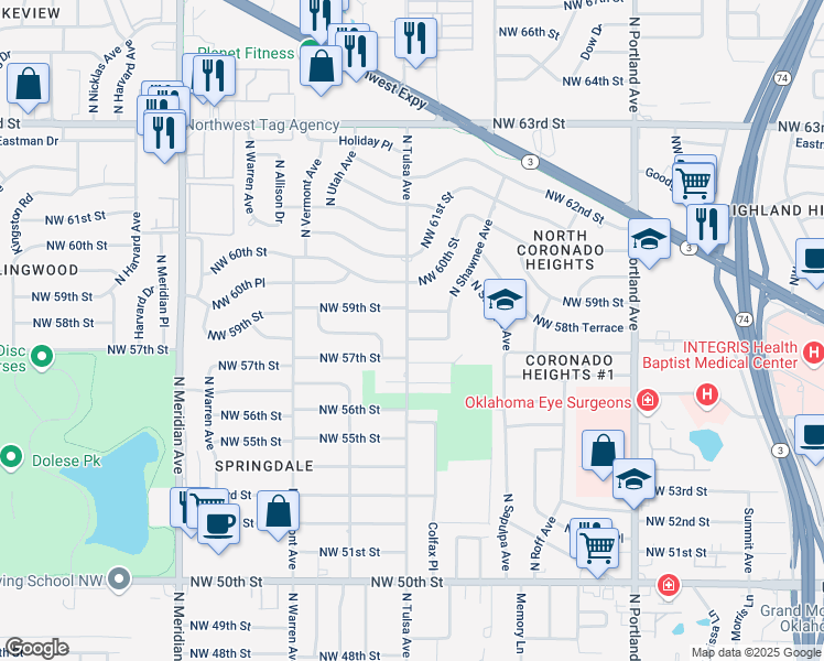 map of restaurants, bars, coffee shops, grocery stores, and more near 4010 Northwest 59th Street in Oklahoma City
