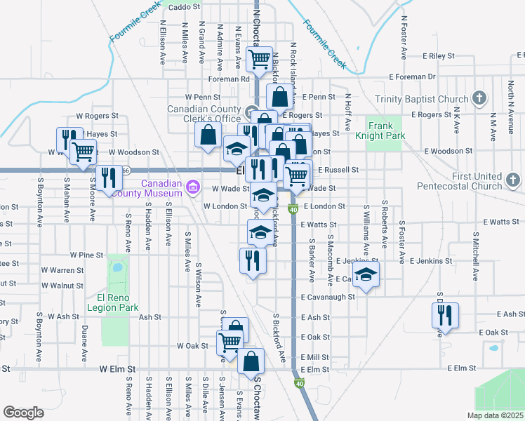 map of restaurants, bars, coffee shops, grocery stores, and more near 405 South Choctaw Avenue in El Reno