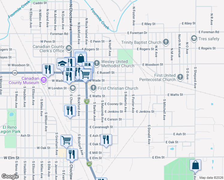 map of restaurants, bars, coffee shops, grocery stores, and more near 400 South Williams Avenue in El Reno