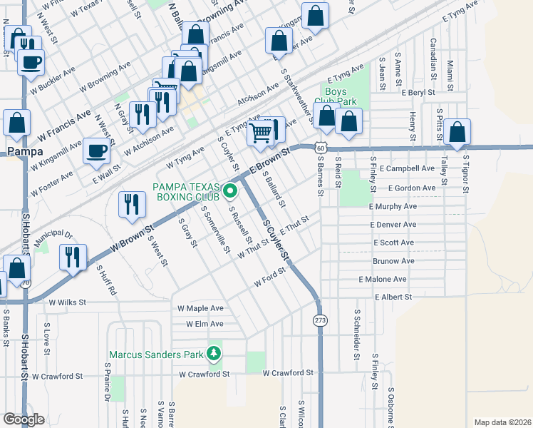 map of restaurants, bars, coffee shops, grocery stores, and more near 613 South Cuyler Street in Pampa