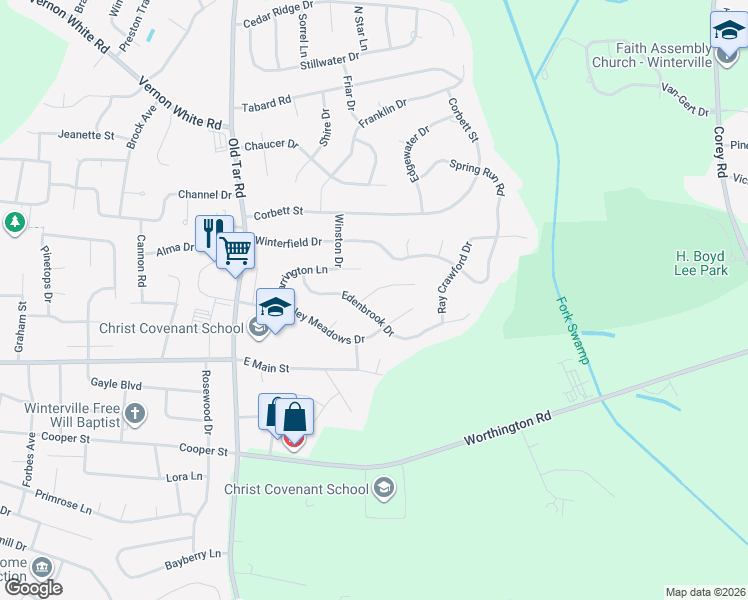map of restaurants, bars, coffee shops, grocery stores, and more near 714 Addington Dr in Winterville