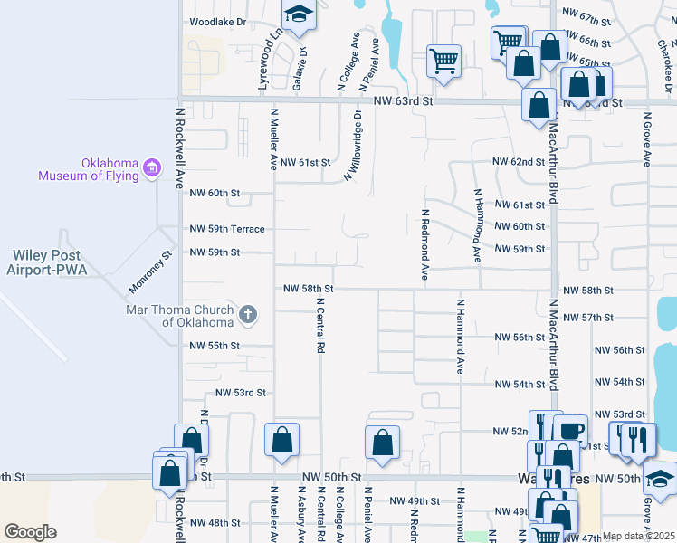 map of restaurants, bars, coffee shops, grocery stores, and more near 5920 North College Street in Warr Acres