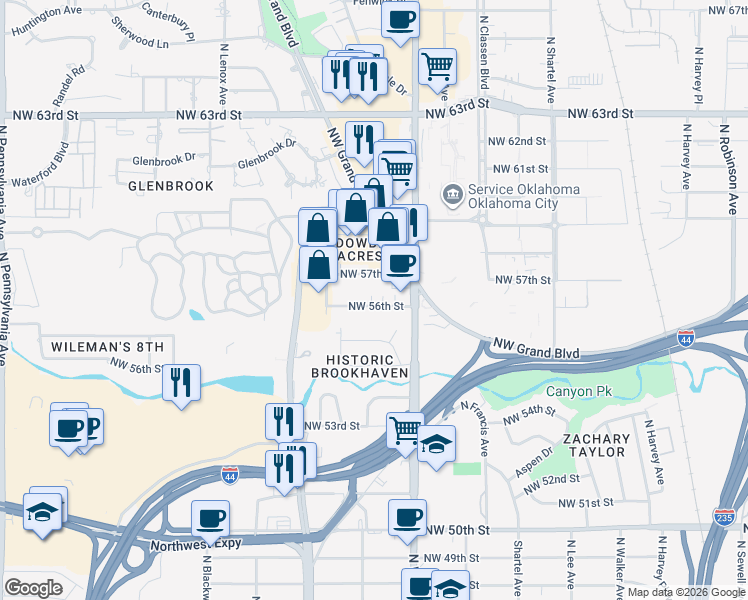 map of restaurants, bars, coffee shops, grocery stores, and more near 1131 Northwest 56th Street in Oklahoma City