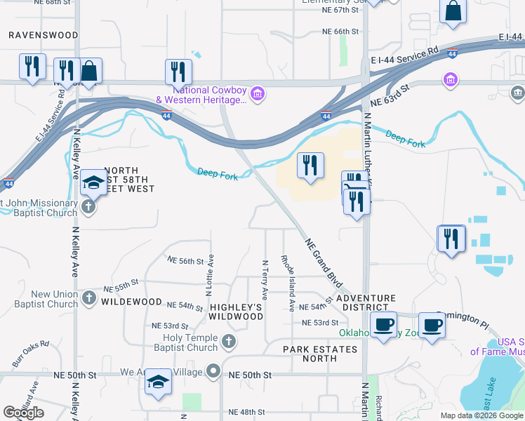 map of restaurants, bars, coffee shops, grocery stores, and more near 5921 North Terry Avenue in Oklahoma City