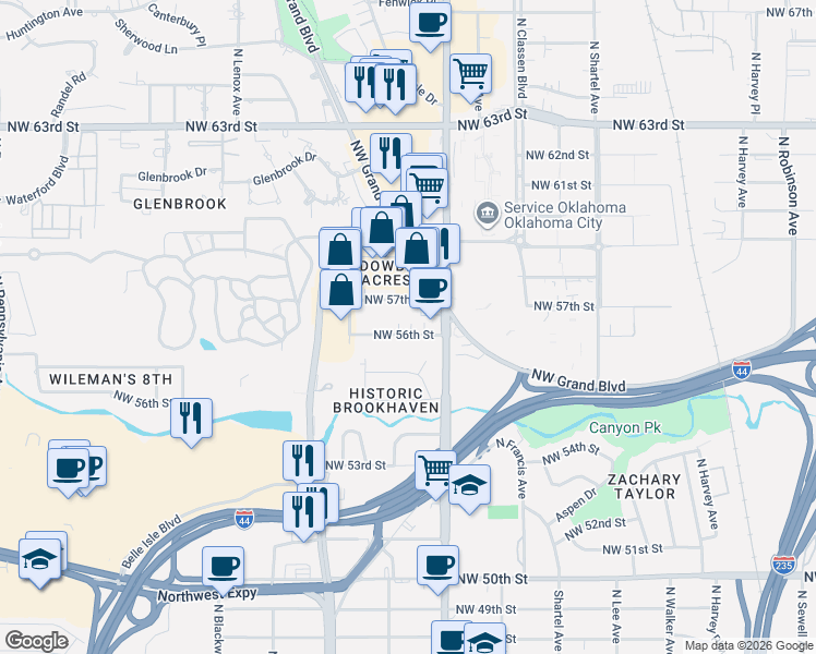 map of restaurants, bars, coffee shops, grocery stores, and more near 1131 Northwest 56th Street in Oklahoma City
