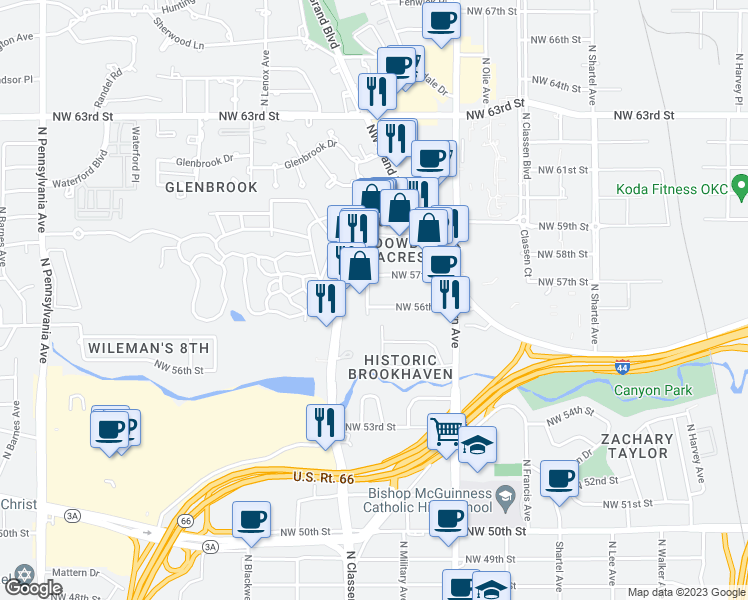map of restaurants, bars, coffee shops, grocery stores, and more near 1163 Northwest 56th Street in Oklahoma City