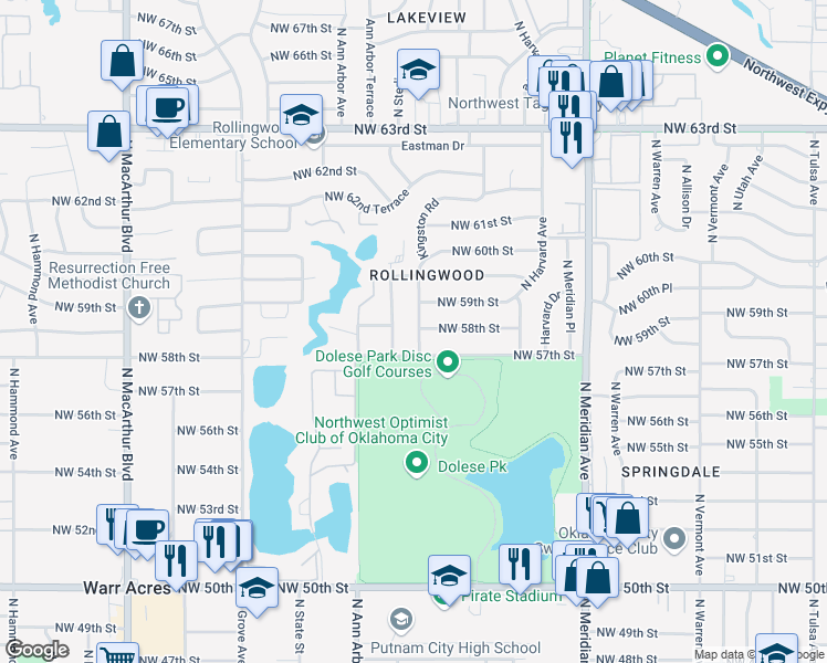 map of restaurants, bars, coffee shops, grocery stores, and more near 5813 Kingston Road in Oklahoma City