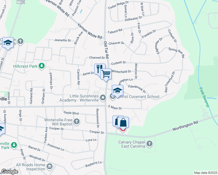 map of restaurants, bars, coffee shops, grocery stores, and more near 4814 Old Tar Road in Winterville