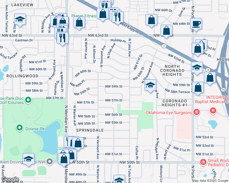 map of restaurants, bars, coffee shops, grocery stores, and more near 4137 Northwest 58th Street in Oklahoma City