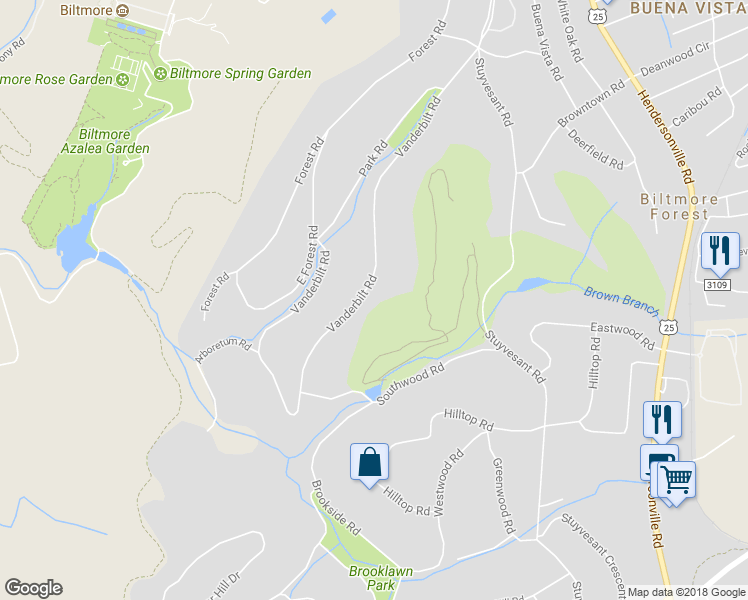 map of restaurants, bars, coffee shops, grocery stores, and more near 410 Vanderbilt Road in Biltmore Forest