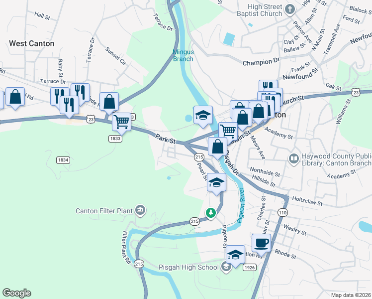 map of restaurants, bars, coffee shops, grocery stores, and more near 131 Park Street in Canton