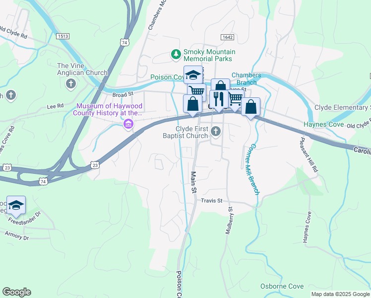 map of restaurants, bars, coffee shops, grocery stores, and more near 40 Pebblebrook Street in Clyde
