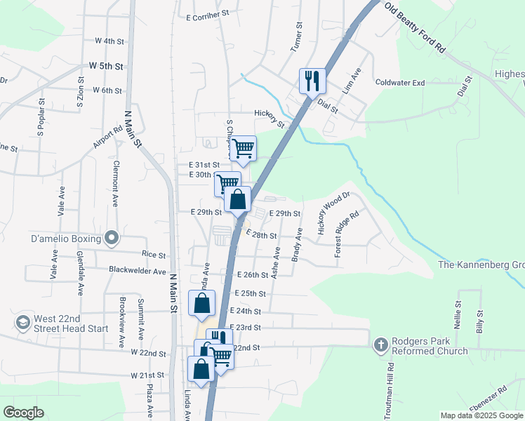 map of restaurants, bars, coffee shops, grocery stores, and more near 2804 Alexander Avenue in Kannapolis