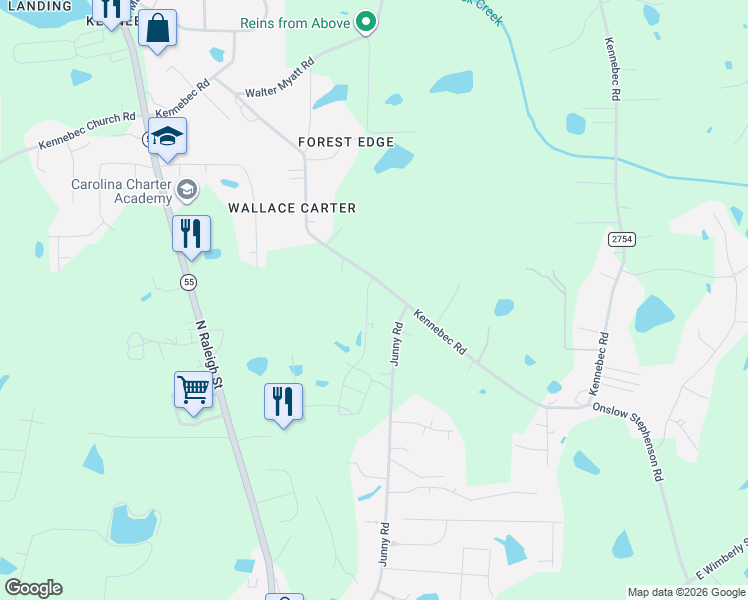 map of restaurants, bars, coffee shops, grocery stores, and more near 9821-9861 Kennebec Road in Wake County