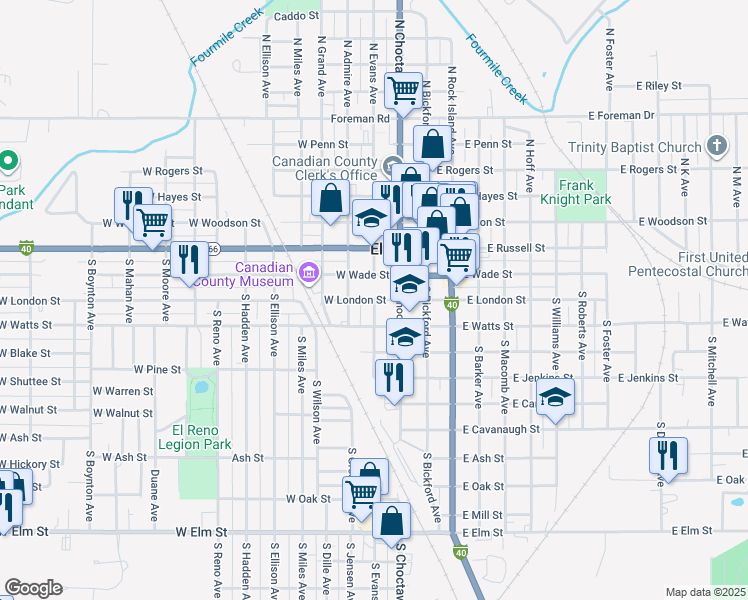 map of restaurants, bars, coffee shops, grocery stores, and more near 300 South Evans Avenue in El Reno