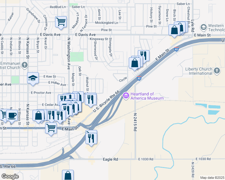 map of restaurants, bars, coffee shops, grocery stores, and more near 1515 East Main Street in Weatherford