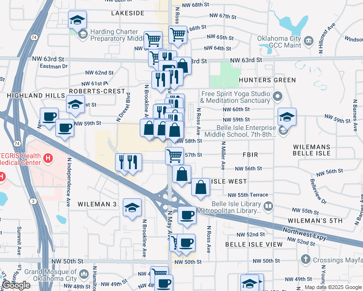 map of restaurants, bars, coffee shops, grocery stores, and more near 2828 Northwest 58th Street in Oklahoma City