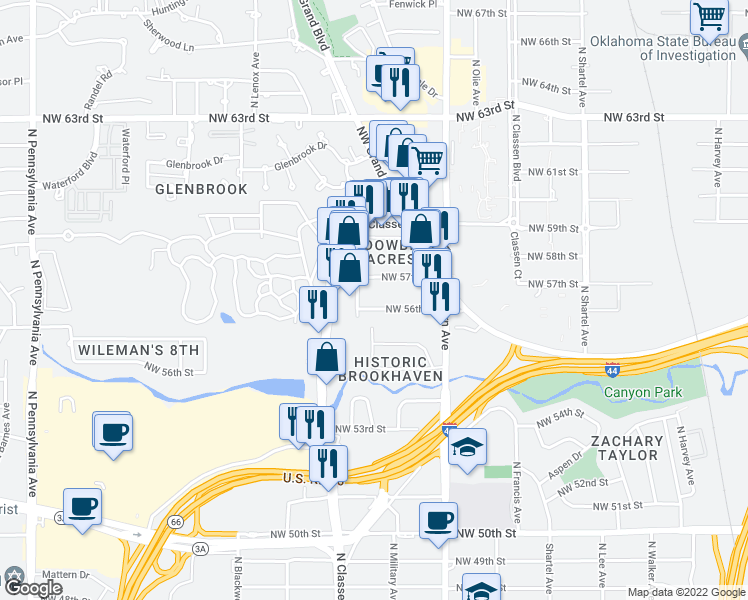 map of restaurants, bars, coffee shops, grocery stores, and more near 1163 Northwest 56th Street in Oklahoma City