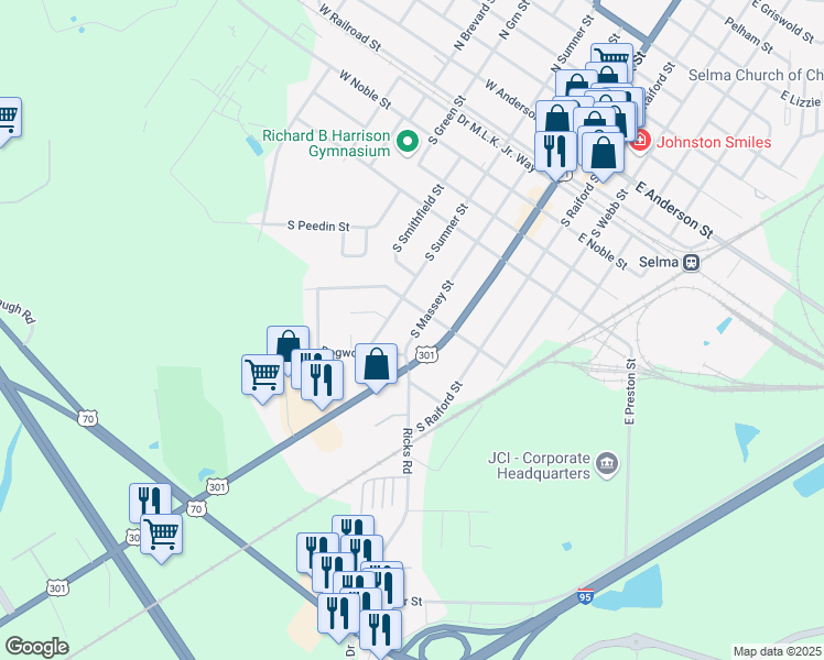 map of restaurants, bars, coffee shops, grocery stores, and more near 810 South Massey Street in Selma