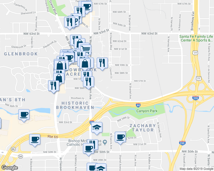 map of restaurants, bars, coffee shops, grocery stores, and more near 1001 Northwest Grand Boulevard in Oklahoma City
