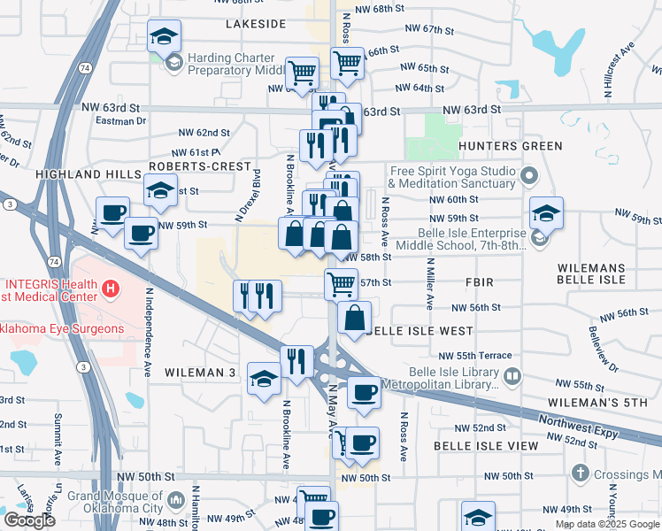 map of restaurants, bars, coffee shops, grocery stores, and more near 5827 North May Avenue in Oklahoma City