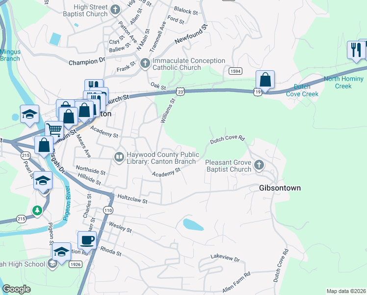 map of restaurants, bars, coffee shops, grocery stores, and more near 77 Spring Street in Canton