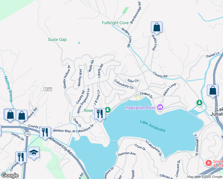 map of restaurants, bars, coffee shops, grocery stores, and more near 14 Lady Huntingdon Road in Lake Junaluska