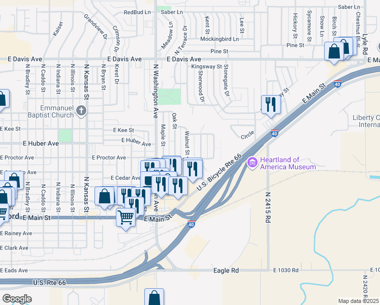map of restaurants, bars, coffee shops, grocery stores, and more near 504 Walnut Street in Weatherford