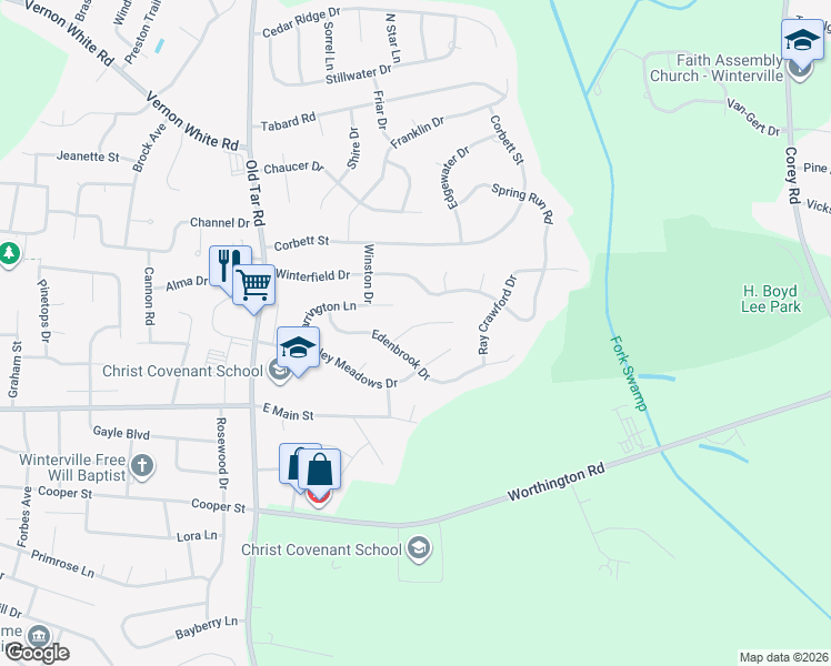 map of restaurants, bars, coffee shops, grocery stores, and more near 714 Addington Drive in Winterville