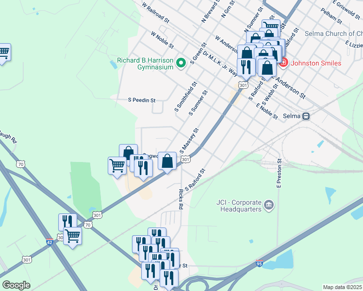 map of restaurants, bars, coffee shops, grocery stores, and more near 810 South Massey Street in Selma